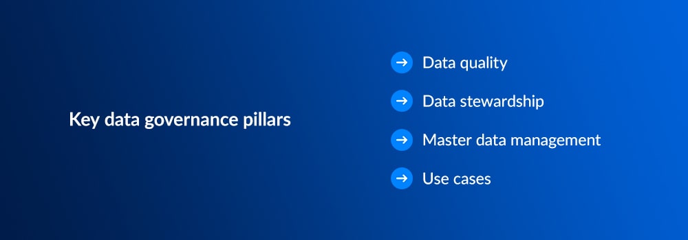 Key data governance pillars - data quality, data stewardship, master data management, use cases